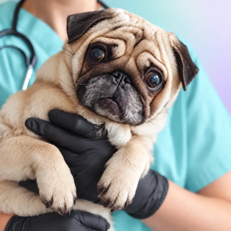Pug no colo da veterinária